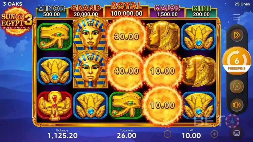 Hold & Win feature activated in Sun of Egypt 3 jackpot slot