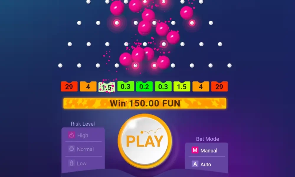 Visuale mobile del gioco Plinko con impostazioni di volatilità